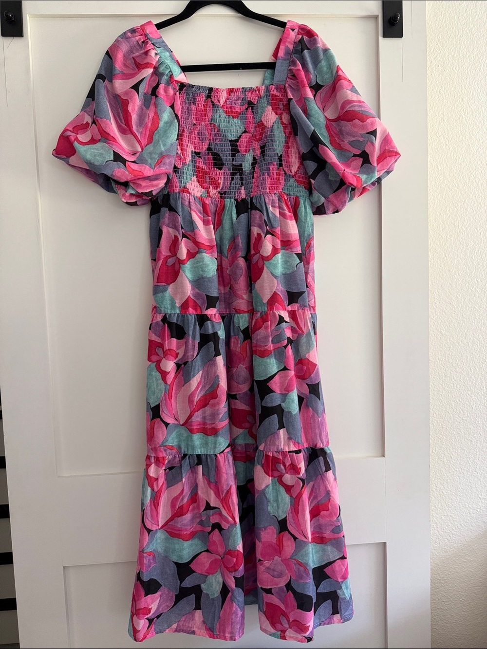 THML Pink, Aqua & Black Floral Midi Dress XS